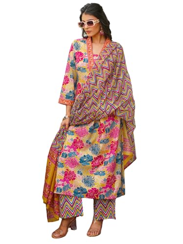 Image of Vaamsi Women's Yellow Rayon Blend Printed Straight Floral Kurta Palazzo With Dupatta Set | Daily Straight Kurta Set For Women | Printed Salwar Suit For Womens