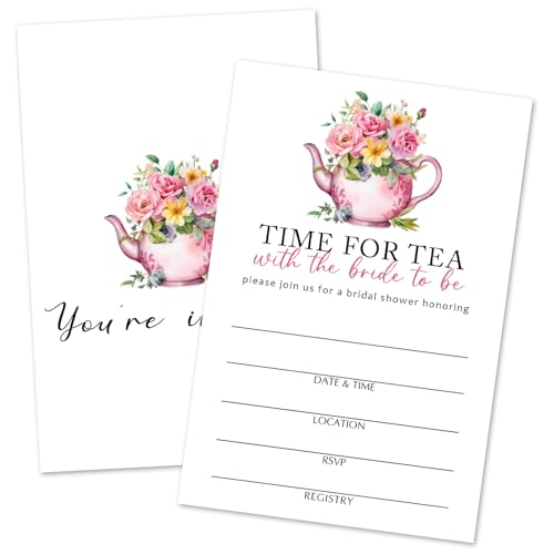 Tarjetas de despedida de soltera con teteras y sobres invitaciones florales boda