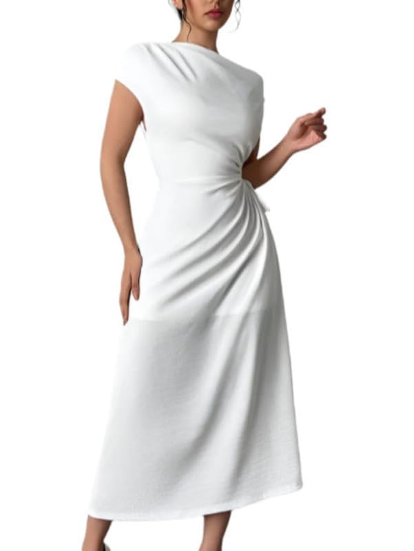 Womens Elegant Waist Strap Striped Dress Round Neck Short Sleeve Long Office Polyester Commute Wear