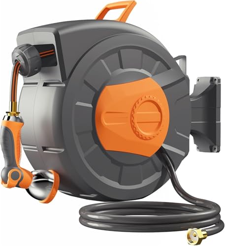 Retractable Garden Hose Reel 100ft, 1/2 inch Water Hose, Wall Mounted and 180 Deg Swivel Bracket,...