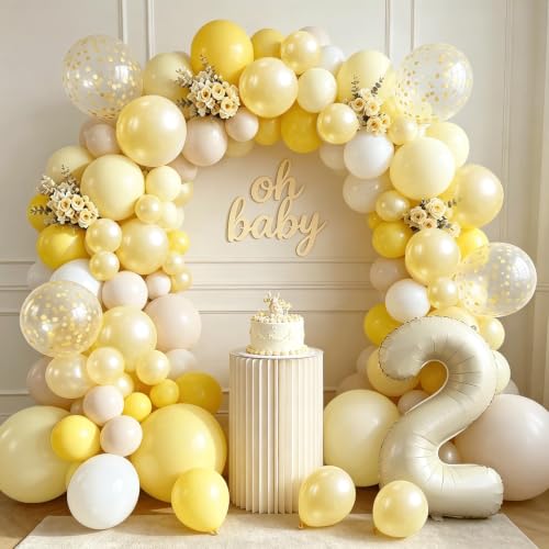 Image of Yellow and White Balloons Arch Kit Double Stuffed,Party Decor. | Light Pastel Pearl Yellow White Sand Confetti Balloons Latex, for Baby Shower Birthday Wedding Lemon Summer Decoration.