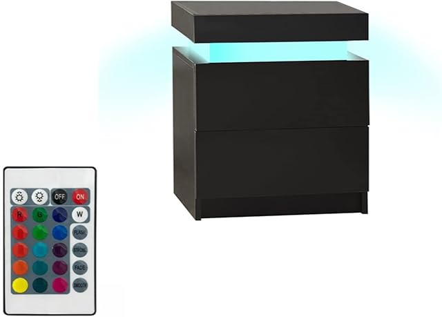 OFCASA 2 Drawers Bedside Cabinet with LED Lights Black Gloss and Matte Top Storage Cabinet Wooden Bedside Table for Bedroom
