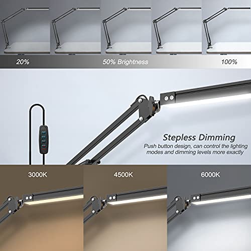 LED Desk Lamp,Adjustable Swing Arm Desk Lamp with Clamp,Dimmable Desk Light Eye-Care Table Light, Memory Function, 3 Color Modes, 10-Level Brightness Table Lamp for Home, Office, Study, Reading - Image 3