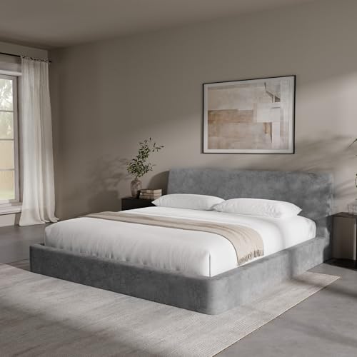 Image of RECCI AirFrame King Size Bed Frame with Ergonomic Angled Foam Cushioned Headboard, Minimalist Design Platform Bed Frame, No Box Spring Needed, Easy Assembly (Moon Grey)