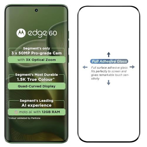 Image of amazon basics Advanced HD+ UV Tempered Glass Screen Protector for Moto Edge 60 /60 Pro 5G Full Adhesive UV Curved Screen Guard, Case Friendly with Installation kit & Guide Clear
