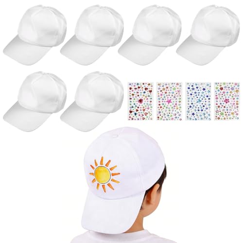 FuxFuis 6 Stück DIY Kappe mit 4 Pcs Edelstein Aufklebern, Graffiti Kappe Weiß Baumwolle Kinder Kappen zum Bemalen Sport Baseballmützen Huttiefe 12cm, Krempe12 cm, Hutumfang 52–55 cm DIY Baseballkappe