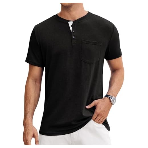Hardaddy Camiseta masculina Henley manga curta casual abotoada bolso básico, Preto, M