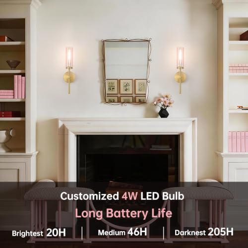 Image of Shenmoyl Battery Operated Wall Sconces Set of 2, Gold Rechargeable Wall Lighting Fixtures, Dimmable Wall Lights with Remote & Pink Glass Shade for Living Room, Bathroom,Bedroom