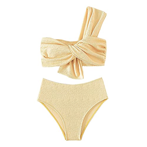 Bikini Reductor Barriga Bikinis Mujer 2026 Rojo Traje de Baño Dividido de Color Sólido Fruncido Cintura Alta con Un Solo Hombro para Mujer Top Bikini Talla Grande Top (A M)