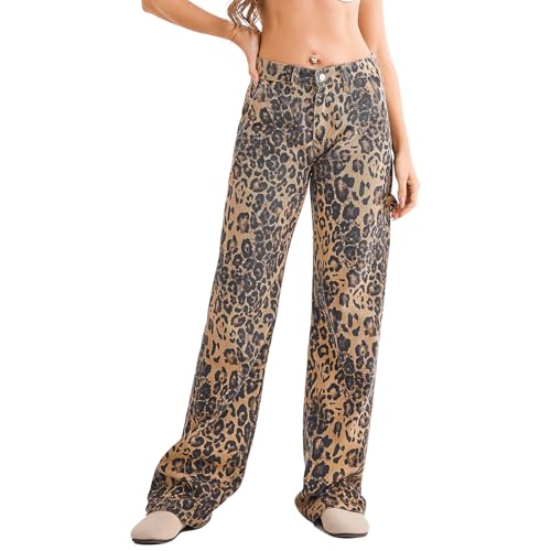 Women's Straight Leg Jeans Casual Low Waisted Leopard Print Pants for Women Trendy Pull on Jeans Wide Leg Trousers Jeans4