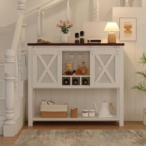 Garvee Farmhouse Wine Cabinet, Coffee Bar Sideboard Cabinet Storage, Console Table with Sliding Barn Doors, Entryway Table with Glass Rack for Kitchen Dining Room Hallway, 46.5 inches Long, White