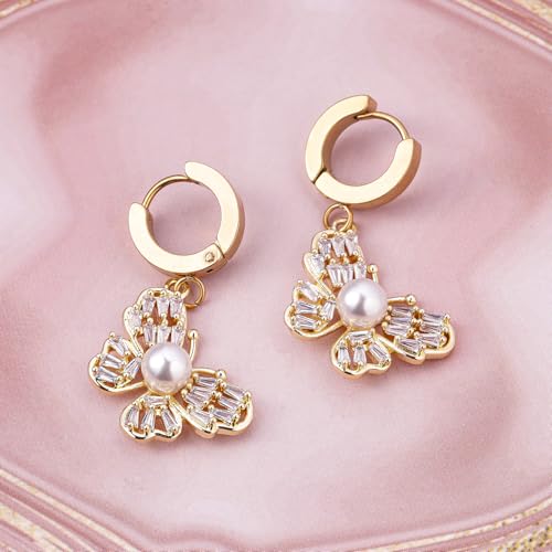 Image of Rubans 18K Gold-Plated Stainless Steel Tarnish-Free Waterproof Pearl Buttrfly Drop Earrings | Women & Girls - Wedding & Occasions - Ideal Gift for Loved Ones