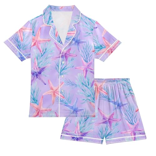 ALAZA Funny Starfish Coral Reef Satin Pajamas Set Short Sleeve Button Down Sleepwear Summer Pjs 2 Piece