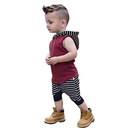 Oyedens Shorts Et Haut Ensemble Bebe Garcon Naissance Mode Enfant Vetement Bébé Garçon Ete Pas Cher Outfit Sport Sweat À Capuchon sans Manches Rayures T-Shirt Tops + Pantalons (Rouge, 2-3 Ans)