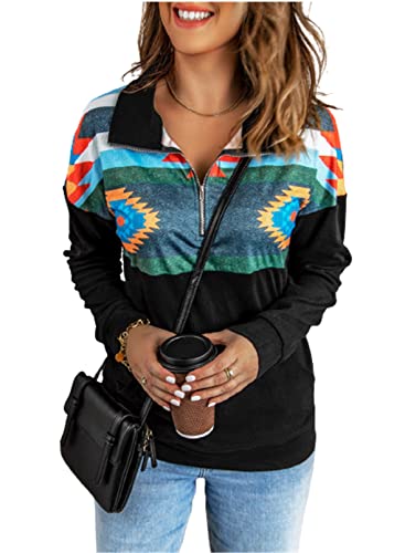 AlvaQ Women Juniors Casual 1/4 Zipper Floral Printed Pullover Sweatshirts Tops Hoodies with Pockets Black,(US12-14)Large