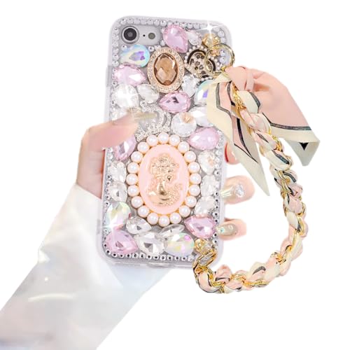 Image of for iPhone SE 2020 Case/iPhone 8/7 Case Glitter Bling Case, Cute Luxury 3D Crystal Queen Rhinestone Full Diamond with Silk Scarf Wristband Chain Women Girls Case Cover for iPhone SE 4.7"