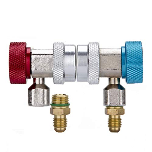 Adjustable A/C R134A Adapter, Auto Air Conditioning R134A Quick Coupler Fittings Freon Conversion kit Quick Connector High Low Air Conditioning Manifold Gauge Hose Freon, 1/4" SAE HVAC (Update)
