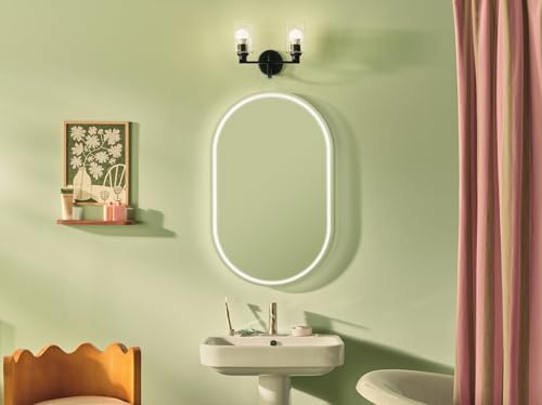 Image of Kichler Gioe 14.25 inch 2-Light Bathroom Vanity Light Fixture with Clear Fluted Glass in Black, Damp Rated for Powder Room Over Mirror (14.25 inch W x 10.5 inch H), 55225BKFLU