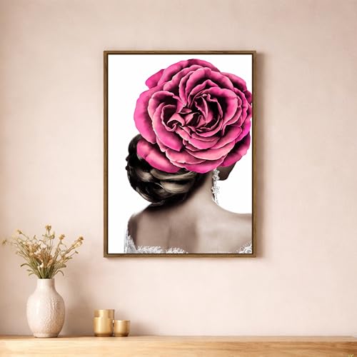 Image of Modern Floral Portrait Framed Canvas Painting For Living Room | Abstract Woman Rose Wall Art For Livingroom Wall Decor, Home Decor, Bedroom, Hallway's, Office, Hotel - 43x58 cm