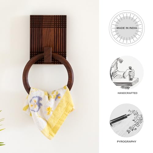 Image of ExclusiveLane 'Checkered Frame' Wooden Towel Ring Holder in Sheesham Wood | Handcrafted Towel Hanger for Bathroom Towel Holder Kitchen Towel Holder for Wash Basin Towel Ring (Sheesham Wood, Brwon)