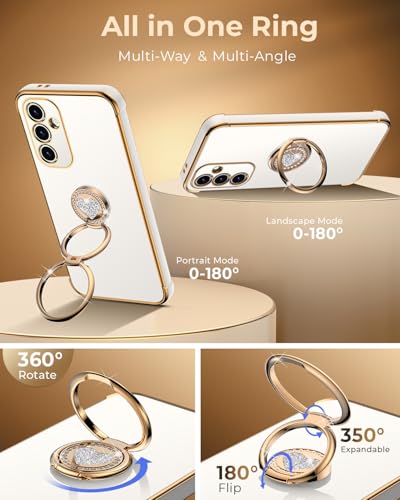 Image of XYZ for Galaxy S24 FE Case with Stand - for Samsung Galaxy S24 FE Case with Double Ring - Women Girls Bling Luxury Protective Phone Case Cover Heart for Samsung S24 FE, White