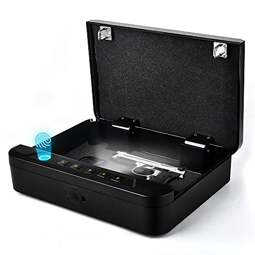 Gun Safe, Smart Biometric Gun Safe for Pistols Quick Access Handgun Safe for Home, Fingerprint Hand Gun Safe Firearm Case Box Upgraded Biometric/Keypad/Key Access,Silent Mode,Rugged Construction,Auto Open Lid