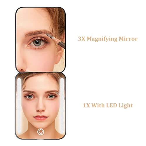 Wobsion Rechargeable Travel Mirror,1X/3X Magnification Compact Mirror,3 Color Lights Pocket Mirror,Dimmable Portable Makeup Mirror,400Mah,Small Mirror For Purse,Gifts,Black #TOP4
