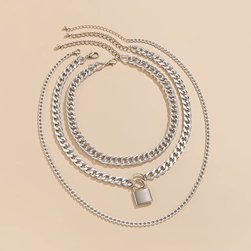 Jumwrit JUMWRIT-2021-NECKLACES-105-SILVER Chunky Chain Necklace Punk Layered Choker Necklaces Cuban Link Chain Necklace With Lock Pendant Necklace Statement Necklace For Women（Silver） thumb #3