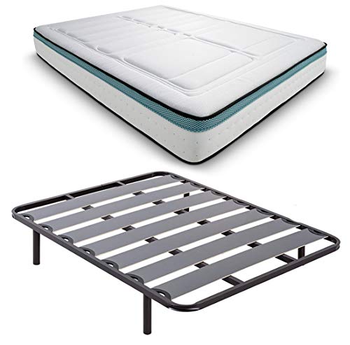 Duérmete Online Pack Somier Lama Ancha Reforzado + Colchón Viscoelástico Bio MAX | Patas Roscadas Altura 27cm, 90x190