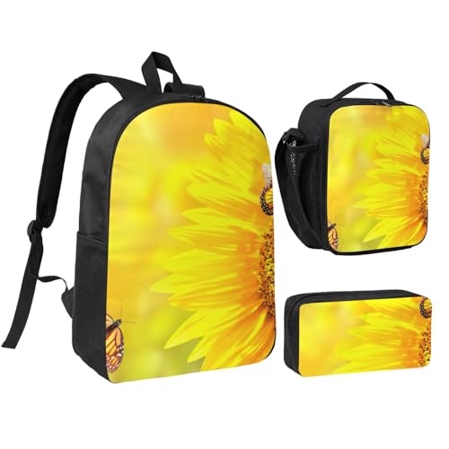 Sac à dos d'école 3 pièces avec boîte à déjeuner et trousse motif tournesol