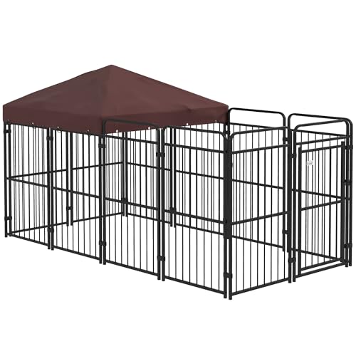 PawHut Kennel per Cani da Esterno, Recinto per Cani con Tetto Anti-UV Impermeabile, Gabbia per Cani Grandi in Metallo, 282x141x160.5cm, Marrone