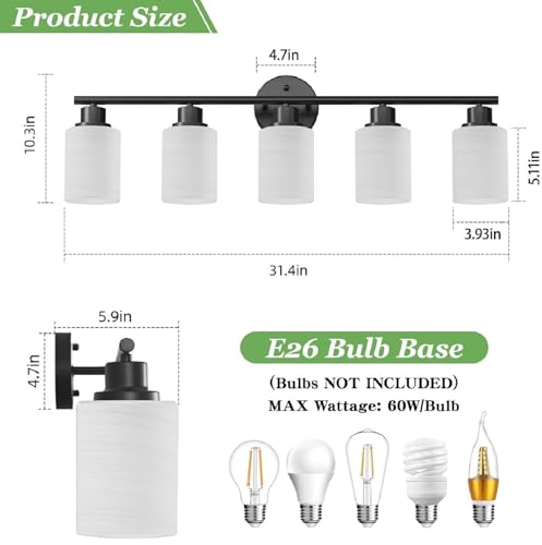 Image of 5-Light Bathroom Light Fixtures, E26 Base Vanity Lights for Mirror with Textured Milky White Glass Shade, Modern Kitchen Light Fixtures Wall Sconce Light - Black