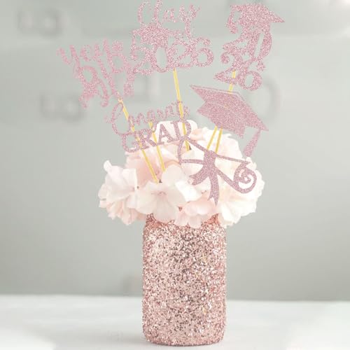 Image of Graduation Centerpiece Sticks 24PCS Glitter Grad Picks Party Table Decor Senior High School College Sign Rose Gold