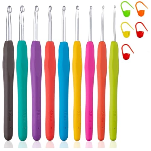 Tusmad 9 PCS Crochet Hooks, Ergonomic Handle Crochet Hooks Set for Arthritic Hands, Comfortable Smooth Crochet Needles Extra Long  Knitting Needles with Includes,Stitch Markers 5 Multicolor