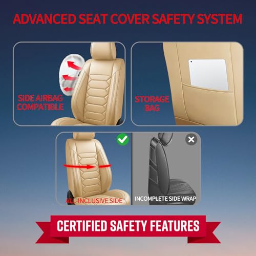 Image of Fit Yukon Car Seat Covers (Only Front 2 Seats) Compatible with GMC Yukon 2007-2024 2025 2026-Full Coverage Breathable Leather, Airbag Compatible, Waterproof & All-Weather, Beige