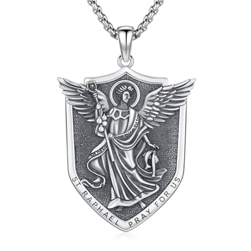 Hagkew Archangel Saint Raphael Medal Necklace 925 Sterling Silver St Raphael the Archangel Pendant Patron Saint Shield of Faith Necklaces Religion Amulet Jewelry for Men Women