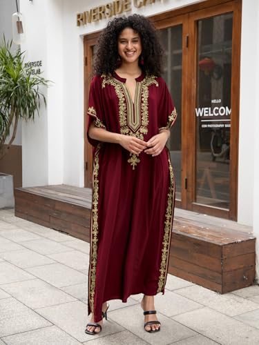 Image of KECVOT Kaftan Dresses for Women Embroidered Short Sleeve V-Neck Plus Size Caftan Bikini Swimsuit Cover-Up Long Beach Dress