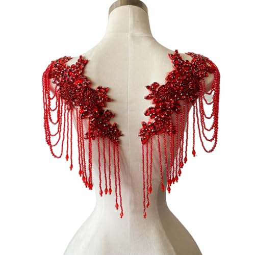 Pair Beaded Rhinestones Tassel Applique Embellishment for Clothes Pure Handsewing Crystal Diamond Patches for Wedding Dress DIY Accessories (Red)