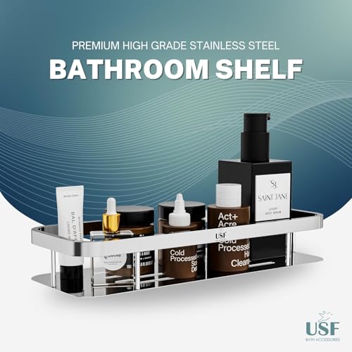 Image of USF Premium Stainless Steel Corner Shelf, Wall Mounted Bathroom & Kitchen Storage Rack for Toiletries & Essentials, Space Saving Design, Effortless Setup, Chrome Finish (Pack of 2)