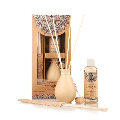 Image of IRIS Amogha Lavender Khus Reed Diffuser | 100ml Oil + 8 Reed Sticks | Decorative Ceramic Pot | Smoke-Free Home Fragrance | Ideal for Gifting