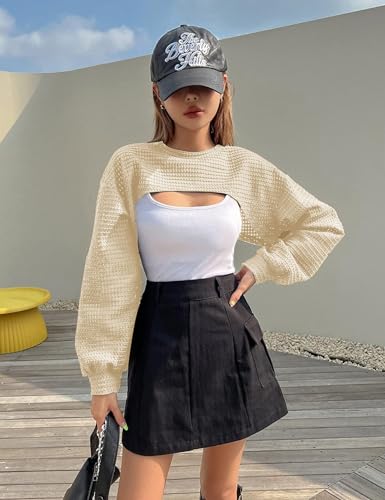 Women's Knitted Crop Top Long Sleeve Hollow Out Shrug Sweater Y2K Knit Cover Up Tops2