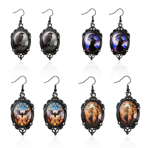 4 Pairs Gothic Mystery Witch Cameo Halloween Earring for Women Vintage Crystal Glass Witch Dangle Earring Punk Style Victorian Earring