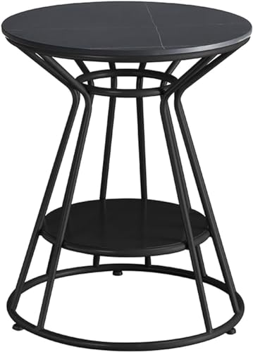 Image of Al Hama Modern Round Coffee End Table with Engineered Wood Top and Metal Frame for Small Spaces Sofa Side 2-Tier Storage Shelf for Laptop Work (Black)