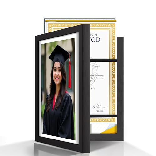 Image of Wooden Document Photo Frame with Storage, Certificate Holder Frame for Wall Mount & Tabletop | Memory Frame for Birth Certificate, Awards & Photos | Premium Finish ( Black, Size 9.2X12.6 Inch )