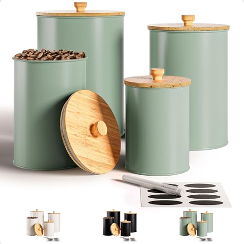 Juego de 4 botes de cocina para encimera con etiquetas de pizarra personalizables y rotulador, botes grandes de cocina de hierro con tapas herméticas, juego de recipientes verde salvia, recipientes
