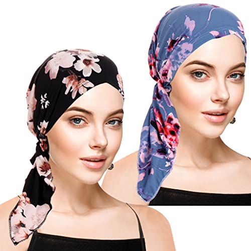 LINVINC Damen Turban Hut - Muslimisch Hijab Beanie Kopfbedeckung Long Tail Piraten Chemotherapie Kopftuch Hidschab, Schwarzer Druck+Blauer Druck/2pcs Cover