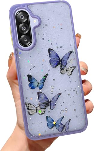 Image of VONZEE for Samsung Galaxy A36 5G Clear Glitter Butterfly Case, Cute Bling Sparkle Shiny Soft Silicone TPU Bumper Shockproof Women Girls Slim Protective Phone Cover for Galaxy A36 5G, Purple
