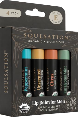 Soulsation Organic Lip Balm Set for Men - 4 Flavors - 100% Natural Moisturizing for Cracked & Dry...