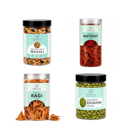 Image of WellNuts & Co. Healthy Snack Combo Pack of 4 |Fruit Nut Meusli - 200g, Masala Beetroot Chips - 150g, Masala Ragi Chips - 150g, Roasted Edamame Beans - 200g| Roasted & Ready to Eat Snacks | High Protein & High Fiber Combo | Snacks for Healthy Everyday
