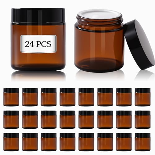 HXARTMIS 4 oz Amber Glass Jars with Lids 24 Pack 4oz Small Glass Jars with Inner Liners 4 Ounce Travel Jars for Cream Lotion